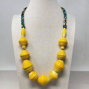 Chunky Rolled Paper Beads & Fabric Necklace‎ Art To Wear Artisan Pop Art Yellow